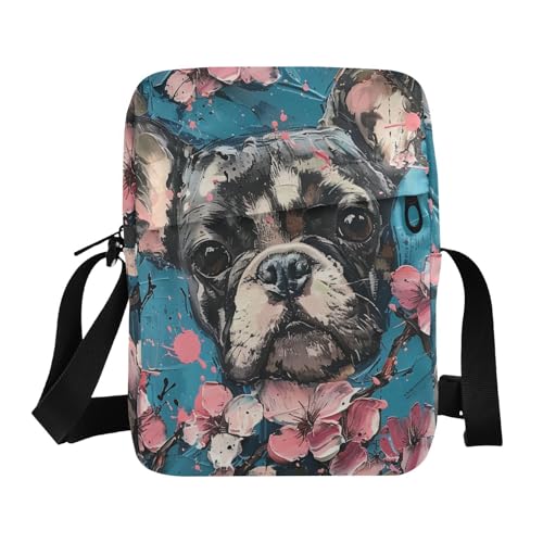 KLL Umhängetasche für Damen, Motiv: Französische Bulldogge, Kirschblüte, veganes Leder, Umhängetasche, lässige Damen-Schultertasche von KLL
