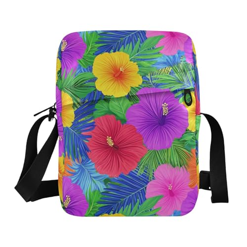 KLL Umhängetasche für Damen, Motiv: Hawaiianische tropische Blumen, Palmenblätter, neonfarben, veganes Leder, Umhängetasche, lässig, Schulterhandtaschen von KLL