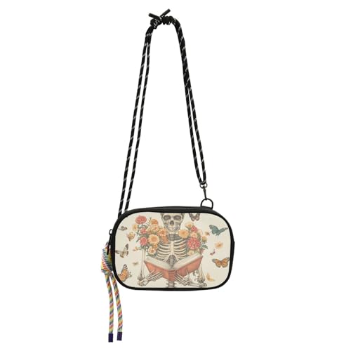 KLL Umhängetasche für Damen, Skelett-Lesung mit Blumen und Schmetterlingen, mit Kreditkartenfächern, Nylon, kleine Umhängetasche, für eine Mahlzeit von KLL