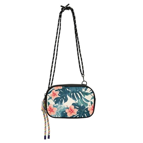 KLL Umhängetasche für Damen, tropischer Stil, grüne Blätter, rote Blumen, Westen, praktisch mit Kreditkartenfächern, Mini-Umhängetasche, zum Einkaufen von KLL