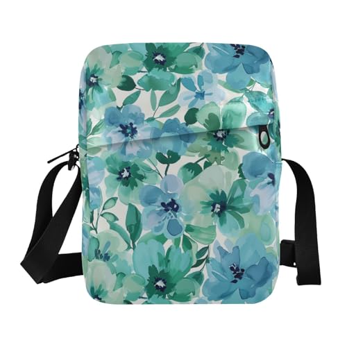 KLL Umhängetasche für Damen, veganes Leder, Einkaufstasche mit Blumenmuster, mintgrün und blau von KLL