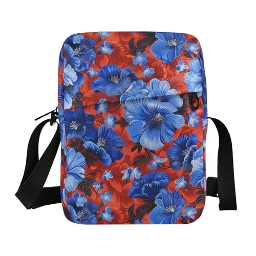 KLL Umhängetasche für Damen, veganes Leder, blaue Blumen, rote Umhängetasche, lässige Schulterhandtaschen von KLL