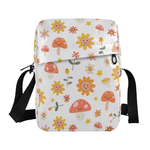 KLL Umhängetasche für Herren, Motiv: Blumen und Pilze, veganes Leder, lässige Schulter-Handtasche von KLL