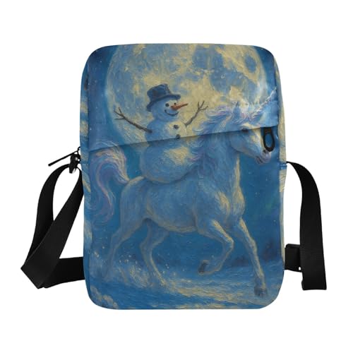 KLL Umhängetasche für Herren, Motiv: Schneemann mit Einhörnern, Ölgemälde, veganes Leder, grüne Umhängetasche für Damen, lässige Schultertaschen von KLL