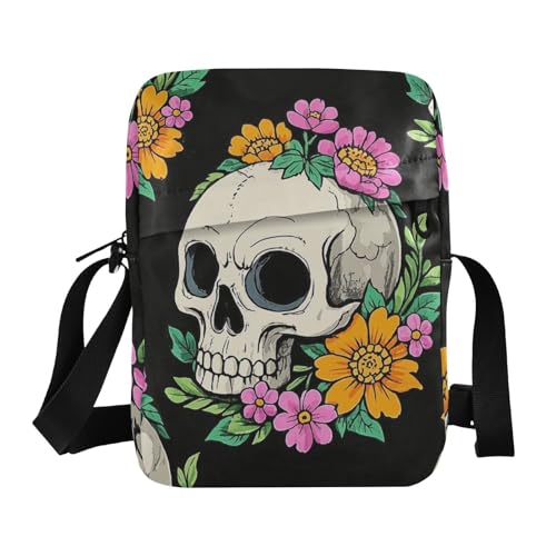 KLL Umhängetasche für Herren, Motiv: Totenkopf, veganes Leder, Umhängetasche, kleine Einkaufstasche, Schwarz von KLL