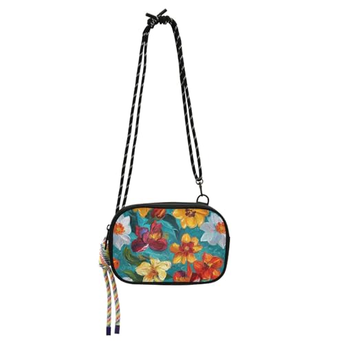 KLL Umhängetasche für Herren, Motiv: bunte Blumen, Ölgemälde, mit Kreditkartenfächern, Seitentaschen, für eine Mahlzeit von KLL