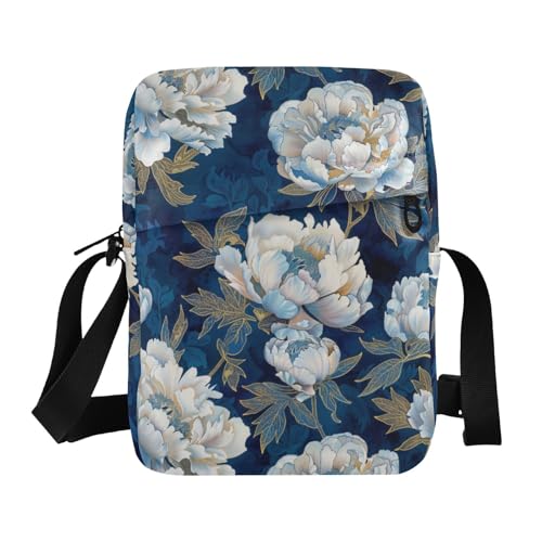 KLL Umhängetasche für Herren, Motiv: weiße Pfingstrosen, dunkelblauer Hintergrund, veganes Leder, Schultertasche von KLL