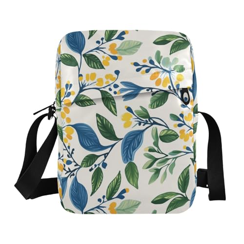 KLL Umhängetasche für Herren, Vintage-Blumenmotive, grüne Blätter, veganes Leder, Schultertasche, Umhängetasche, Handtasche für Reisen von KLL