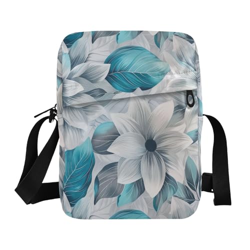 KLL Umhängetasche für Herren, aus veganem Leder, Blumenblätter auf weißem Stoff, Grau und Blaugrün von KLL