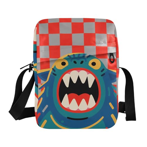 KLL Umhängetasche für Herren, kariert, Monster, veganes Leder, Rot und Grau kariert, Schulterhandtaschen von KLL