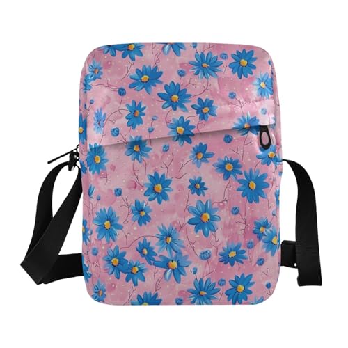 KLL Umhängetasche für Herren, veganes Leder, Motiv: Blaue Gänseblümchen, rosafarben, lässige Schulterhandtaschen von KLL