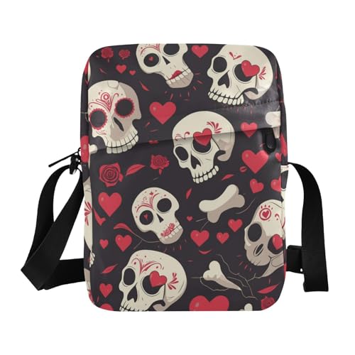 KLL Umhängetasche mit Totenkopf-Herz für Damen, veganes Leder, Umhängetasche für Damen, Reise-Schultertasche von KLL