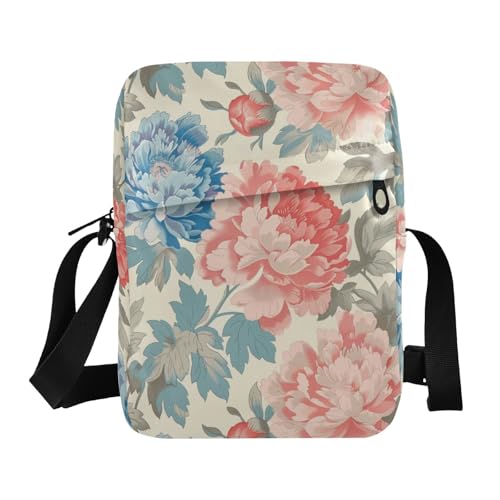 KLL Umhängetasche mit blühenden blauen und rosa Blumen, veganes Leder, Herren-Umhängetasche, Einkaufstasche von KLL