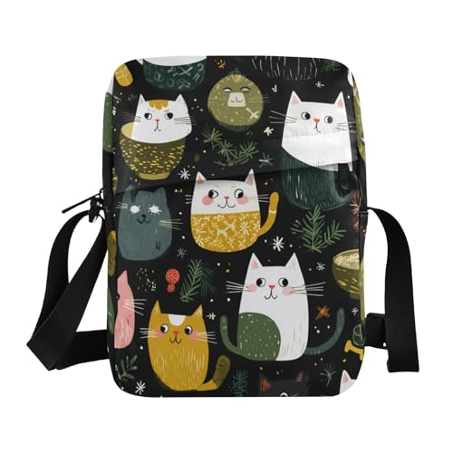 KLL Umhängetasche mit weihnachtlicher Katze, Olivgrün / Schwarz, veganes Leder, lässige Schulter-Handtasche von KLL