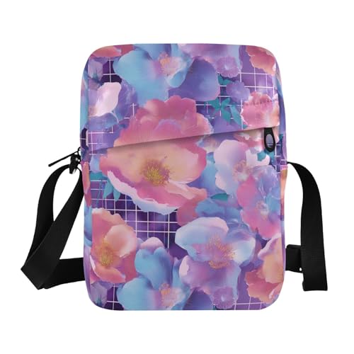 KLL Vapor Wave Style Flowers Purple Dreamy Herren Kuriertasche Crossbody Veganes Leder Crossbody Bag Herren Casual Shoulder Handtaschen von KLL