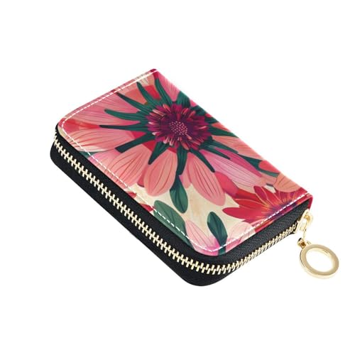 KLL Vibrant Flowers Rotes Leder-Kartenetui für Damen, mit 2 Geldfächern, RFID-blockierend, Kartenhalter mit Reißverschluss von KLL