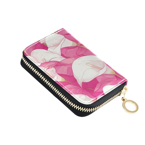 KLL Vintage Calla Lily Hot Pink and White Chic Leather Small Card Wallet with 9 Card Slot RFID Blocking Credit Card Book with Zipper von KLL