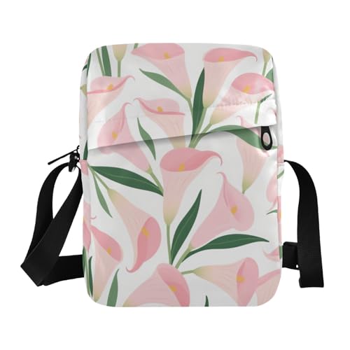 KLL Vintage Pink Calla Lily Chic Messenger Bag Cute Vegan Leather Mens Crossbody Bag Casual Shoulder Handbag For Travel von KLL
