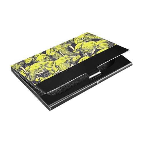 KLL Visitenkartenhalter mit gelbem Elefantenmotiv, schmal, mit Leder- und Edelstahl-Kartenträger für Damen oder Herren, Esuche para tarjetas von KLL