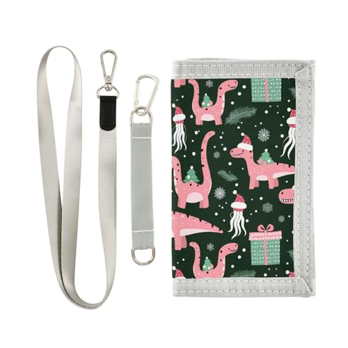 KLL Weihnachts-Geldbörse mit Geldklammer für Damen, Pfirsich-Dinosaurier-Quallen, dreifach gefaltet, Nylon, stabil, mit Umhängeband von KLL