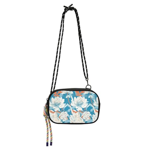 KLL West-Umhängetasche mit frischem Blumenmuster, Art-Deco-Stil, praktisch mit verstellbarem Riemen, Handy-Geldbörse, für Spaziergänge, Weiß / Blau von KLL