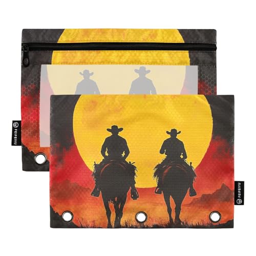 KLL Western Cowboy Sunset Red Pencil Bag Binder Pencil Case for Folder 3 Rings with 3 Rings for Examination Stationery Accessories von KLL