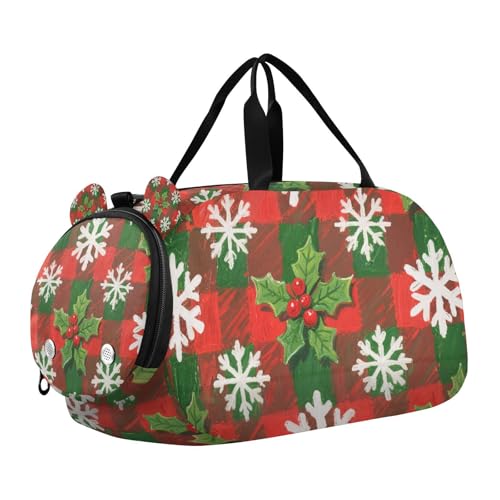 Kinder-Seesack mit Schuhfach, Motiv: Frohe Weihnachten, weiße Schneeflocken, Stechpalme, leicht, für Übernachtung, Reisen, Wochenend-Tragetasche für Strand, Schwimmen, Pool, Sport von KLL