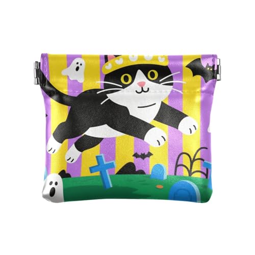 Kleine Geldbörse aus Leder mit schwarzen Katzen-Motiv, einzigartiges Reisezubehör für Damen von KLL