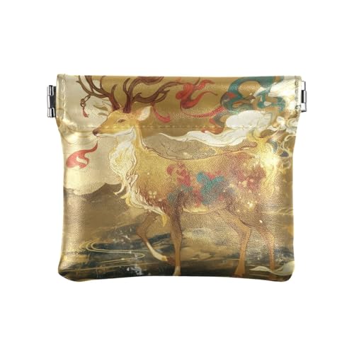 Kleine Münzgeldbörse, chinesisches Neujahrsfest, Hirsch, PU-Leder, einzigartiger Schmuck-Organizer für Damen, Rot und Gold von KLL