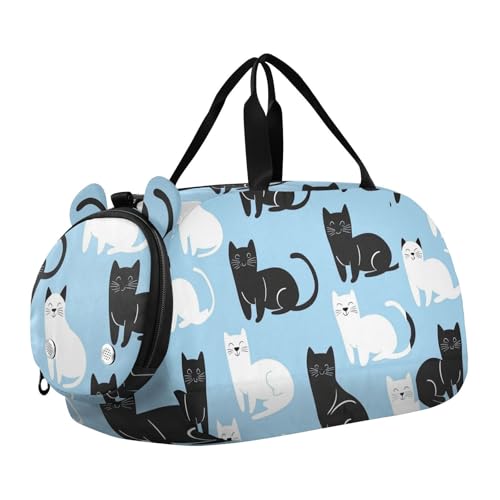 Kleine Turnbeutel mit Schuhfach, Motiv: Cartoon, niedlich, schwarz-weiß, Katze, multifunktional, für Reisen, Sport, Fitness und Workout von KLL