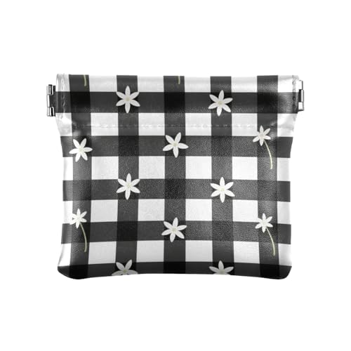 Kleingeldbörse aus PU-Leder mit kleinen Blumen, kariert, praktische Mini-Geldbörse für Damen und Mädchen, Schwarz / Weiß von KLL