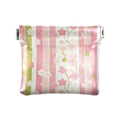 Kleingeldscheinhalter, Kartenorganizer für Damen, PU-Leder, Rosa / Grün gestreift mit Blumen von KLL