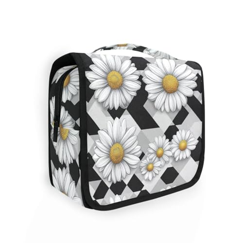 Kosmetiktasche für Damen, mit Haken zum Aufhängen, waschbar, mit Gänseblümchen, Schwarz / Weiß kariert Kosmetiktasche für Damen, mit Haken zum Aufhängen, waschbar, mit Gänseblümchen, Schwarz / Weiß kariert von KLL