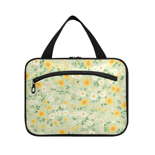Kosmetiktasche mit Haken, Design mit gelben Blumen und grünem Hintergrund, erweiterbar, wasserdicht, Kosmetiktasche für Accessoires, für Damen, Toilette, Größe L von KLL
