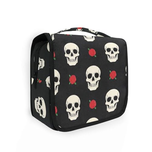 Kosmetiktasche mit Totenkopf-Motiv, für Damen, mit Haken zum Aufhängen, kompakt, für Badezimmer von KLL