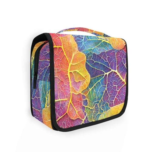 Kosmetiktasche mit buntem Blätteraufdruck, für Damen, mit Haken zum Aufhängen, faltbar, Kosmetik-Organizer von KLL