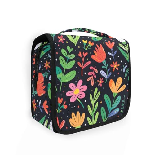 Kosmetiktasche mit bunten Blumen für Damen, mit Haken zum Aufhängen, Schwarz Kosmetiktasche mit bunten Blumen für Damen, mit Haken zum Aufhängen, Schwarz von KLL