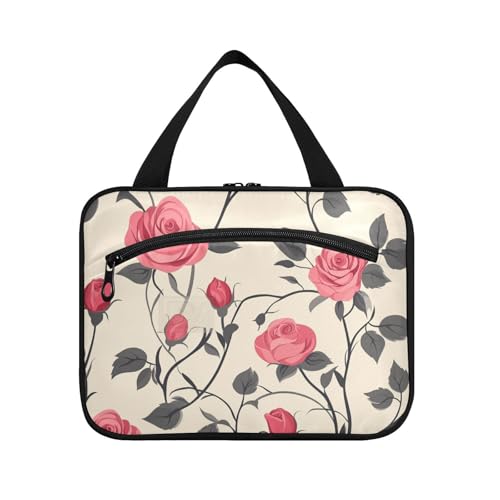 Kosmetiktasche zum Aufhängen, Motiv: Rote Rose, Blumen, Beige, mit Fächern mit Haken, Designer-Kosmetiktasche für Reisen, Frauen, Arbeit, Bolsa de maquillaje para Mujer L von KLL