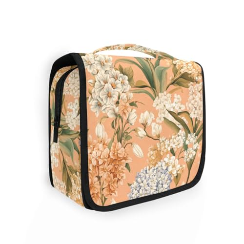 Kulturbeutel für Damen, Blumenblüten, Pfirsichfarben, mit Haken zum Aufhängen, Zubehör, Hautpflege, Rucksackreisen von KLL