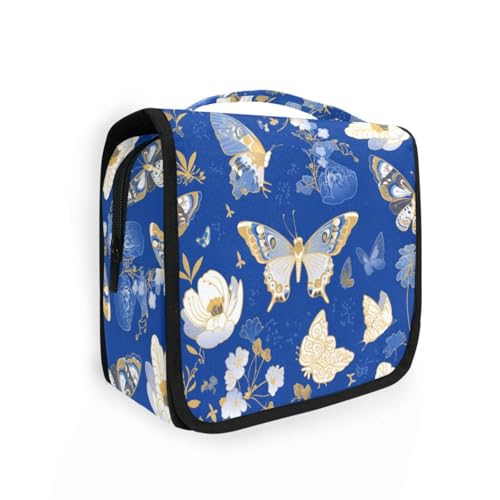 Kulturbeutel für Damen, Motiv: Schmetterling und Blumen, mit Haken zum Aufhängen, waschbar, gesteppt, Make-up-Tasche, Camping von KLL