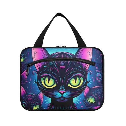Kulturbeutel für Damen, fluoreszierend, schwarze Katze, zum Aufhängen, mit Haken, Designer-Essentials, Kosmetiktasche, Make-up-Tasche für Zubehör, Must Haves Camping, Bolsas de Maquillaje para Mujer L von KLL
