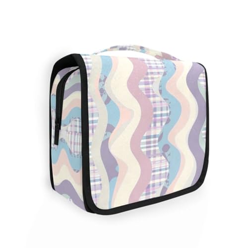 Kulturbeutel für Damen, kariert und gewellt, mit Haken zum Aufhängen, tragbar, für Camping, Cremefarben von KLL