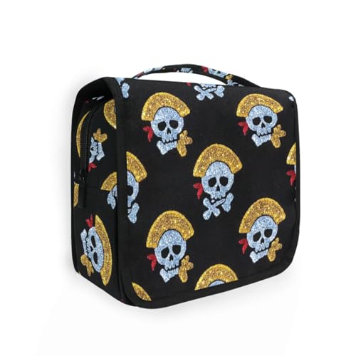 Kulturbeutel für Herren, Motiv: künstlicher Glitzer, Piratenschädel, schwarz, mit Haken zum Aufhängen, Unisex von KLL