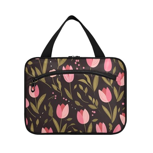 Kulturbeutel für Herren, Motiv: rosa Tulipa, grüne Blätter, flache Illustration, zum Aufhängen, Reisegröße, mit Haken, Designer-Kulturbeutel zum Aufhängen für Vater, Urlaub, Envase para Perfume de L Kulturbeutel für Herren, Motiv: rosa Tulipa, grüne Blätter, flache Illustration, zum Aufhängen, Reisegröße, mit Haken, Designer-Kulturbeutel zum Aufhängen für Vater, Urlaub, Envase para Perfume de L von KLL