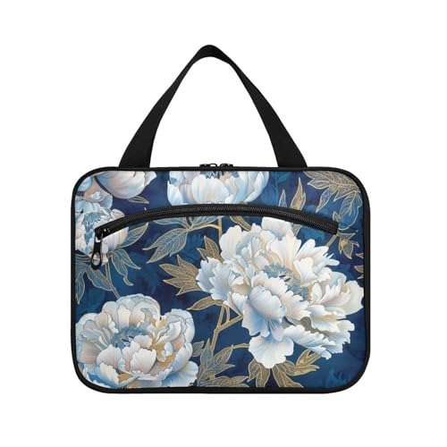 Kulturbeutel für Herren, Motiv: weiße Pfingstrosen, dunkelblauer Hintergrund, zum Aufhängen, mit Haken, multifunktionaler Designer-Kulturbeutel für Damen, Reisen, Fitnessstudio, Maletín para von KLL