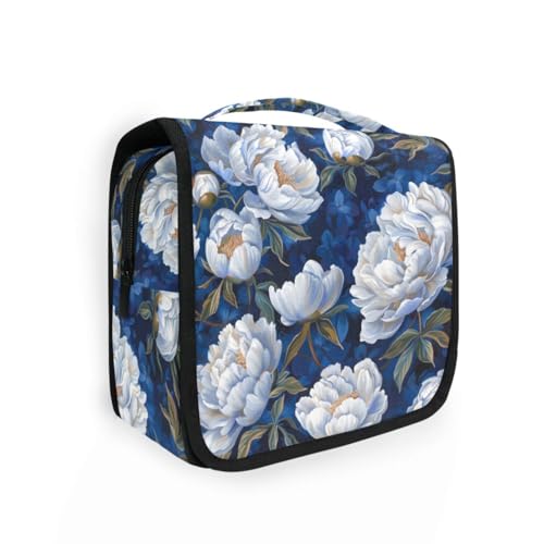 Kulturbeutel für Herren, Motiv: weiße Pfingstrosen auf dunkelblauem Hintergrund, mit Haken zum Aufhängen, erweiterbar, zum Aufhängen, Make-up-Tasche, Kreuzfahrten von KLL
