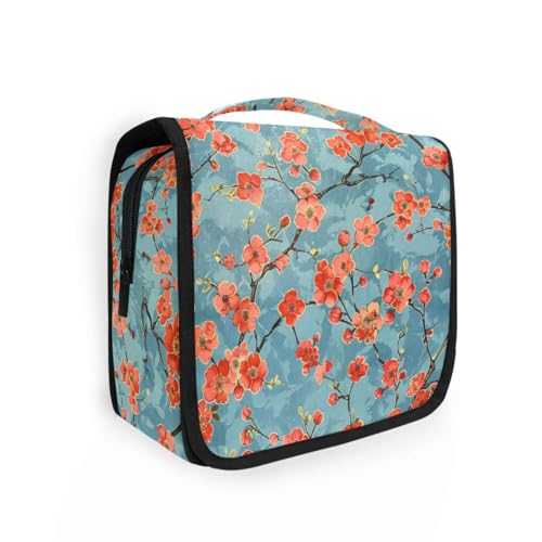 Kulturbeutel für Herren, mit Haken zum Aufhängen, Motiv: rote Blumen auf blauem Hintergrund, zusammenklappbar, Toilette von KLL