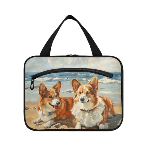 Kulturbeutel für Herren mit niedlichem Tier, Hund, Strand, zum Aufhängen, mit Haken, Designer-Make-up-Tasche für Damen, Reisen, Reisen, Größe L von KLL