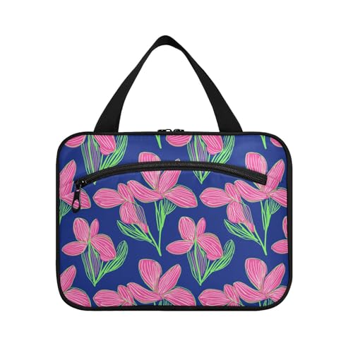 Kulturbeutel für Herren mit niedlichem rosa Blumen und grünen Blättern, königsblauer Hintergrund, hängende Größe, mit Haken, Designer-Kulturbeutel für Reisen, Damen, Trip estuche de maquillaje para von KLL