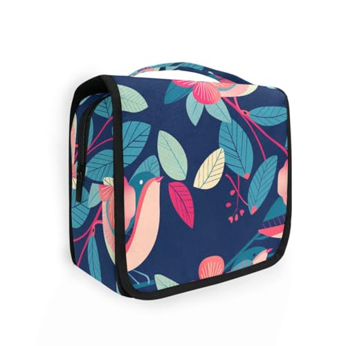 Kulturbeutel mit Cartoon-Motiv, Motiv: rosa Blumen, Vögel, Blaugrün, für Damen, mit Haken zum Aufhängen, faltbar, Kosmetiktasche, Make-up-Tasche, Camping Kulturbeutel mit Cartoon-Motiv, Motiv: rosa Blumen, Vögel, Blaugrün, für Damen, mit Haken zum Aufhängen, faltbar, Kosmetiktasche, Make-up-Tasche, Camping von KLL